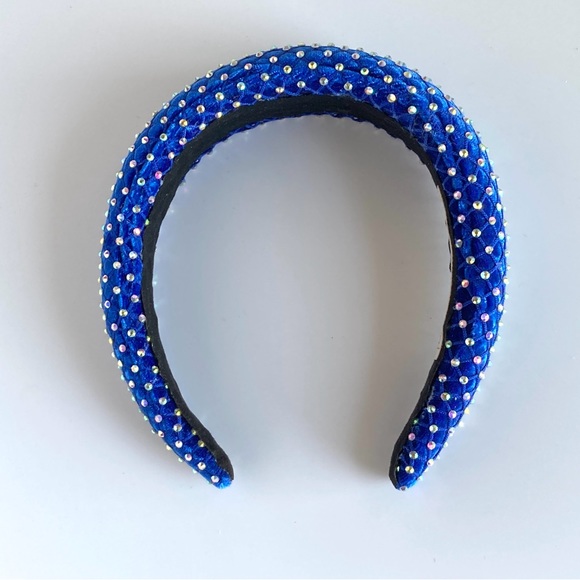 Blue Padded 1.5” Headband with Rhinestone-Adorned Mesh Overlay Handmade - Picture 10 of 10